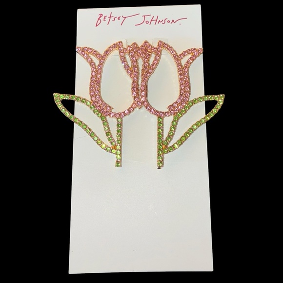 Betsey Johnson Jewelry - BETSEY JOHNSON Easter Spring Pink & Green Crystal-Studded Tulip Earrings NEW NWT